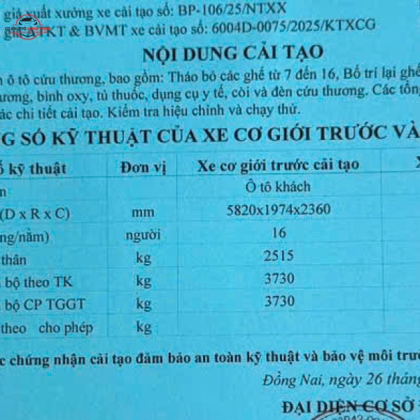 Đo vẽ, nghiệm thu và đăng kiểm ra đăng kiểm xe cứu thương và giấy cải tạo