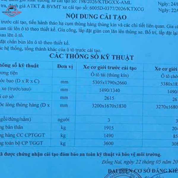 Nghiệm thu và đăng kiểm ra đăng kiểm xe ôtô chở quan tài  và giấy cải tạo